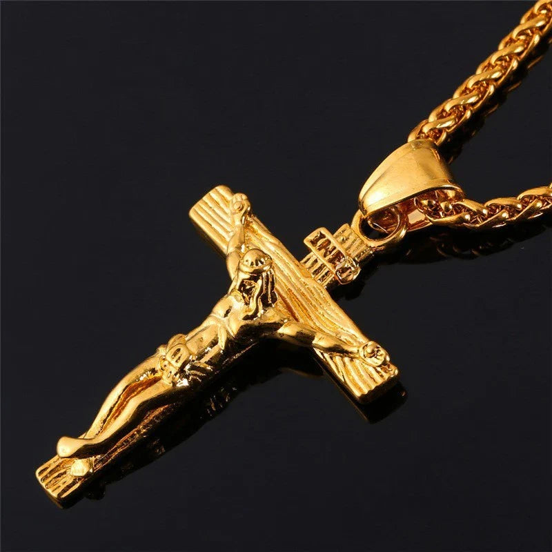 Religious Jesus Cross Necklace for Men - Fashion Gold Color Cross Pendant with Chain, Jewelry Gift for Men