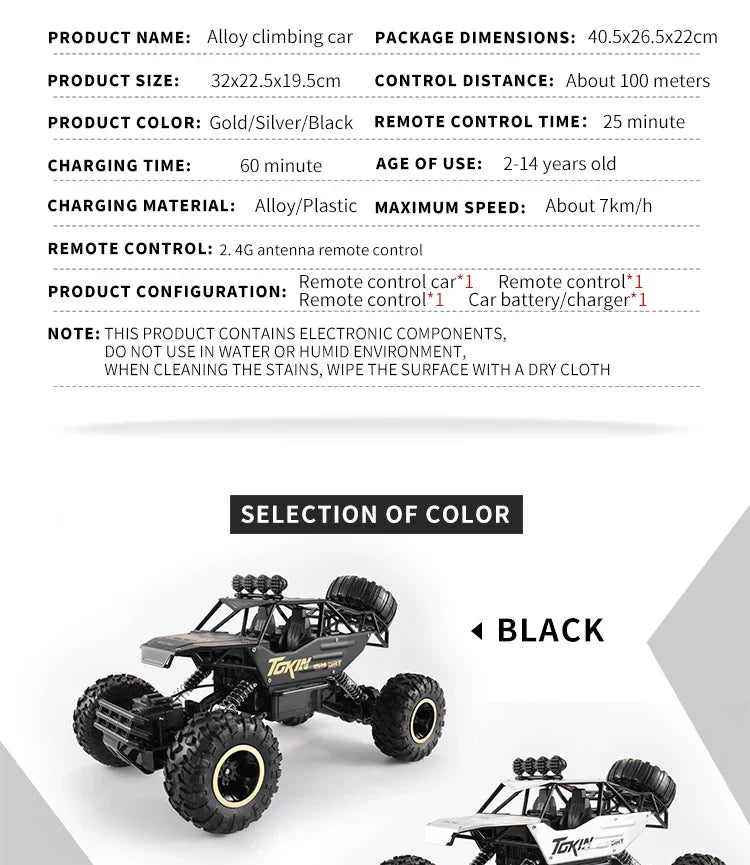 1:12/16 RC Off-Road Truck – 4WD Remote Control Car with Metal Shell & LED Lights for Kids