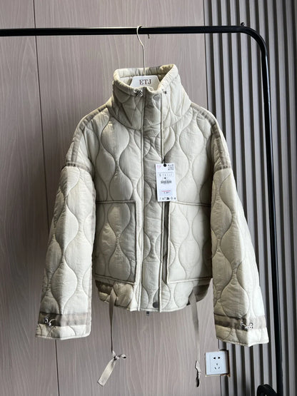 2024 ETJ Quilted Women's Coat – Beige Drawstring High Neck Jacket with Ties & Pockets