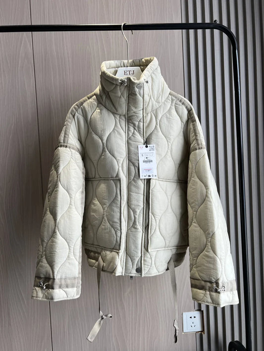 2024 ETJ Quilted Women's Coat – Beige Drawstring High Neck Jacket with Ties & Pockets