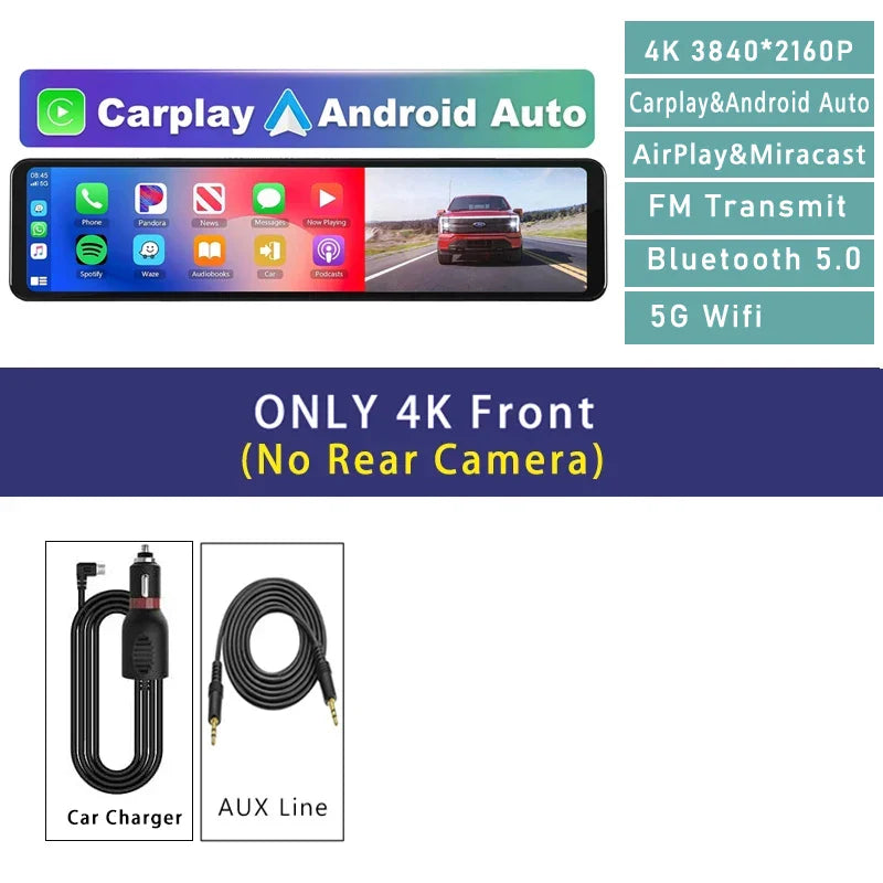 11.26" 4K 2160P Car DVR Dash Cam – CarPlay, Android Auto, GPS, WiFi, Bluetooth, FM, Rear View Mirror Camera & Drive Recorder