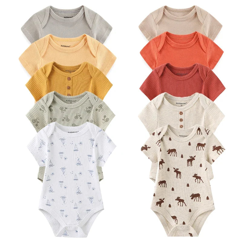 5PCS Newborn Baby Bodysuit Set - Soft Cotton Unisex Baby Clothes with Cartoon Print for Boys & Girls