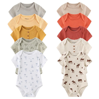 5PCS Newborn Baby Bodysuit Set - Soft Cotton Unisex Baby Clothes with Cartoon Print for Boys & Girls