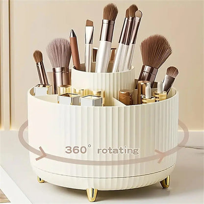 360° Rotating Makeup Organizer - 5 Compartment Plastic Cosmetic Holder for Brushes & Beauty Storage