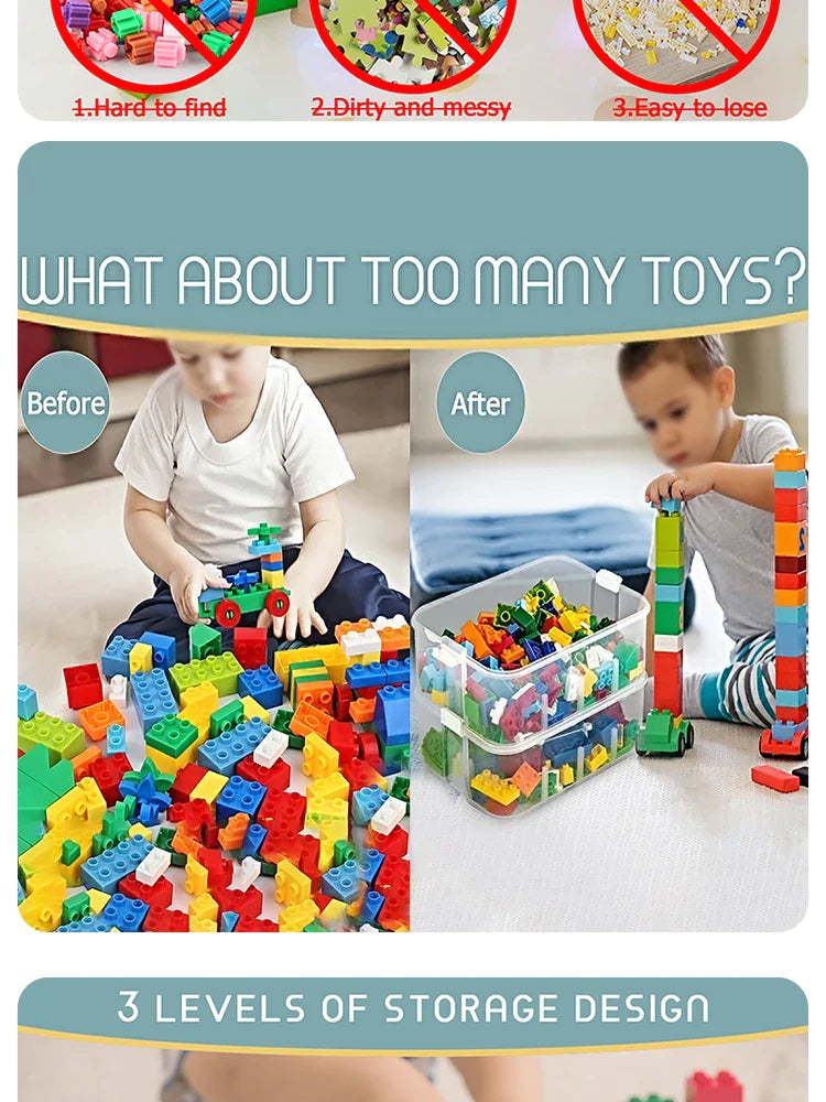 Stackable Building Blocks Toy Storage Box for Kids – Brick-Shaped Plastic Container with Lid – Toy Organizer & Sundries Bin