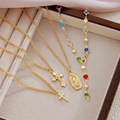 4Pcs Colorful Crystal Necklace Set - Gold & Silver Y-Shaped Pendant Chain Jewelry for Women with Cross Design