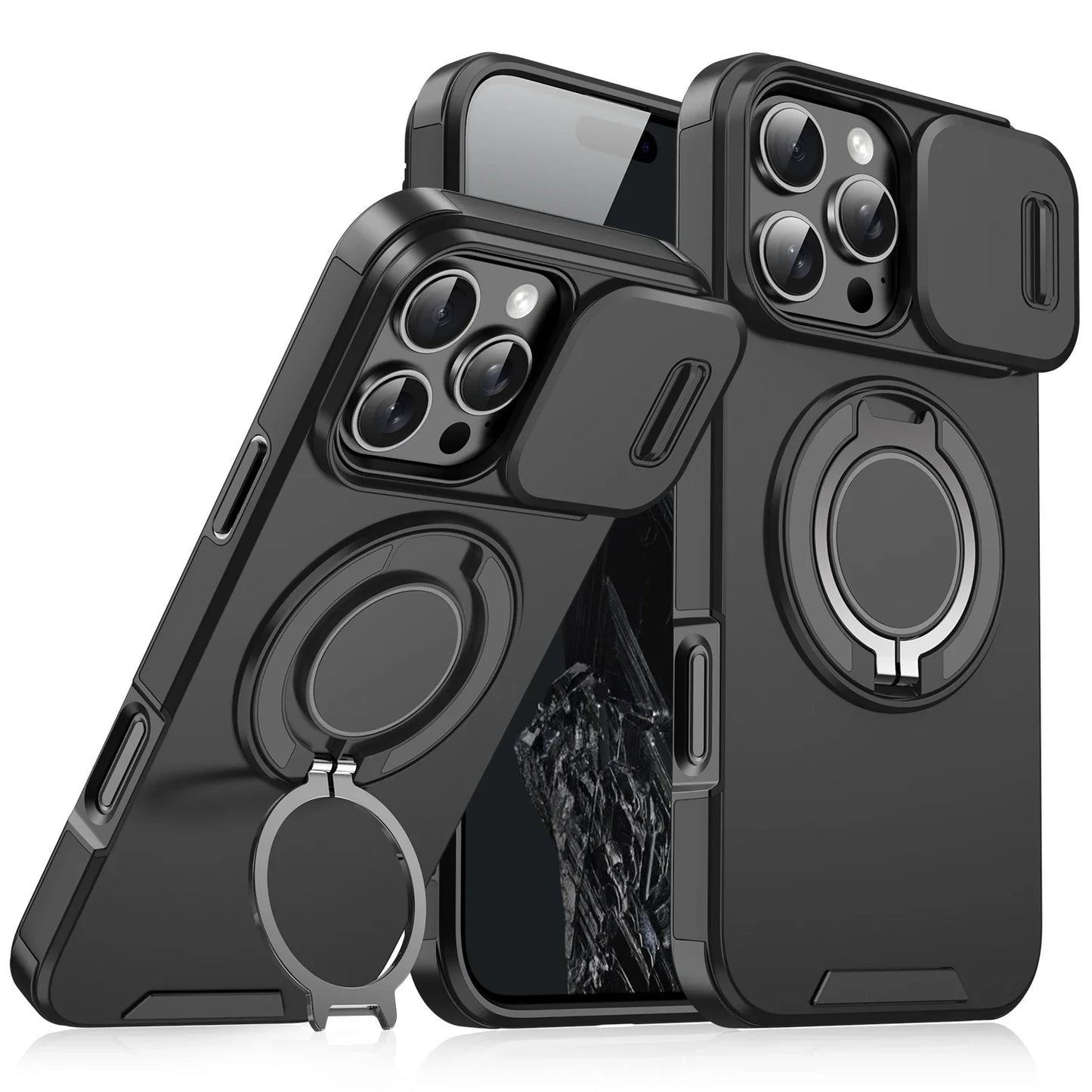 Luxury Rugged Armor Magnetic Case – Heavy Duty PC Cover with Slide Camera Protection for iPhone 16, 15, 14, 13, 12, 11 Pro Max Plus