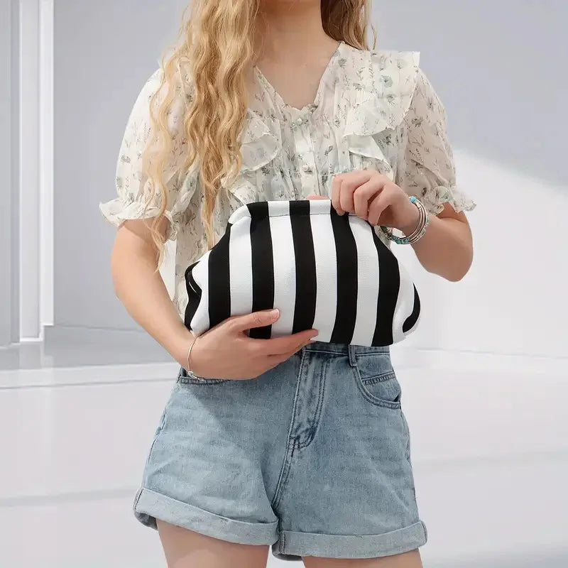 Summer Woven Crochet Clutch Bag – Women’s Cute Ruched Cloud Handbag, Casual Colorblock Purse