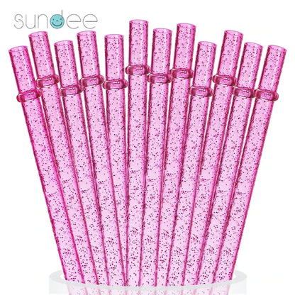 12Pcs Colorful Glitter Reusable Drinking Straws - 11-Inch Eco-Friendly Plastic Straws with Cleaning Brush, Assorted Mixed Colors Set