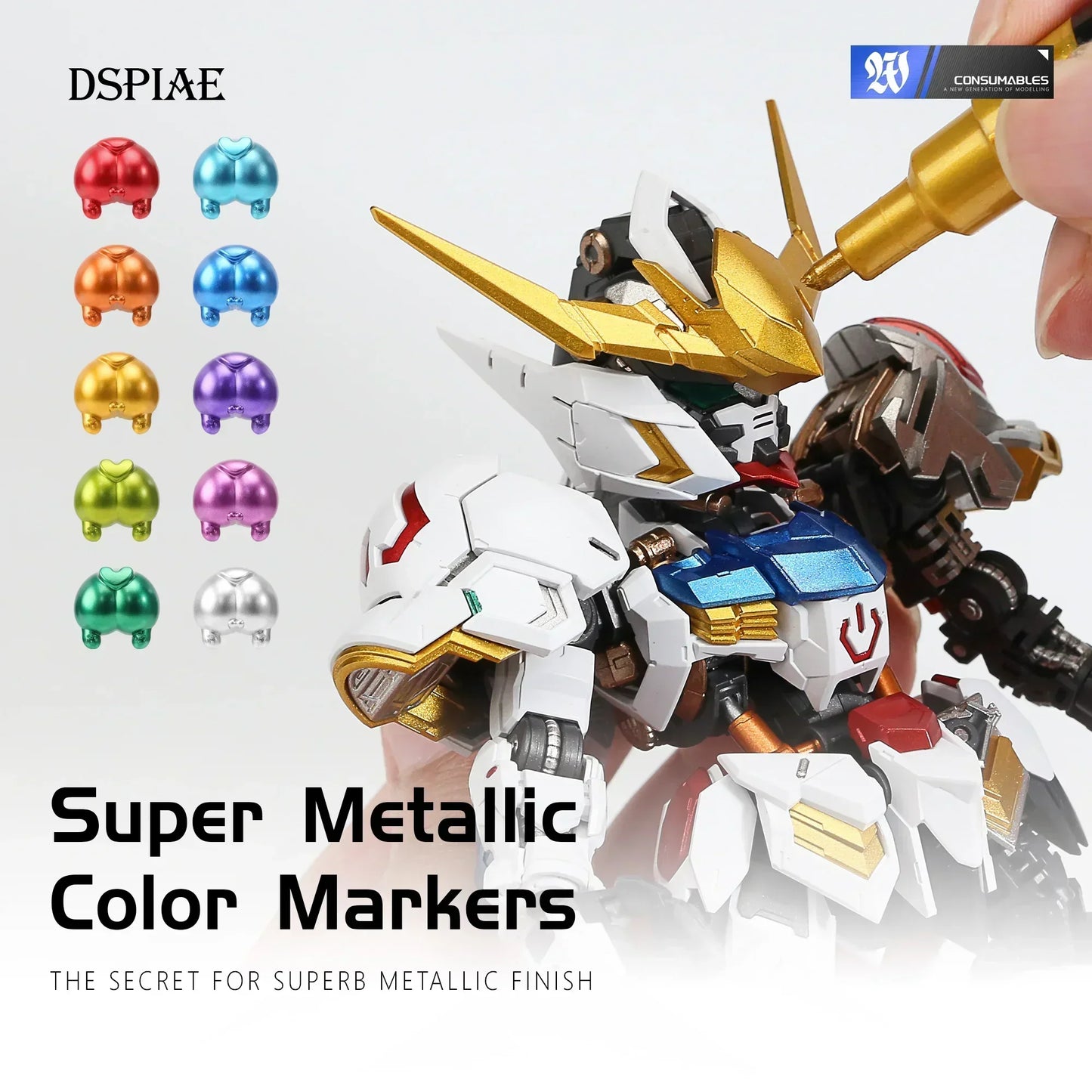 DSPIAE MKA Super Metallic Brush Pen – 12 Water-Based Colors with Soft Tip for Gundam & Mecha Model DIY Hobby