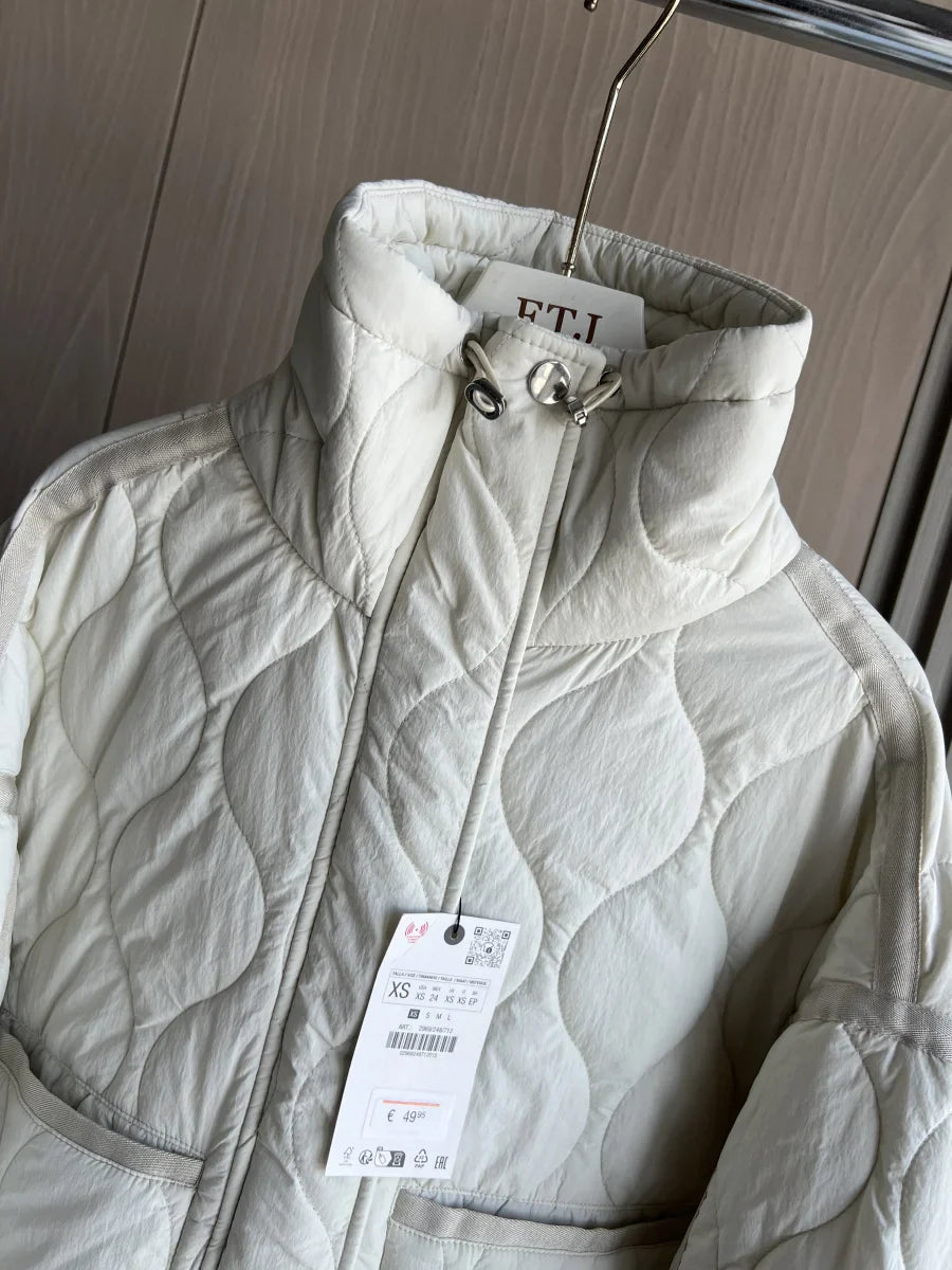 2024 ETJ Quilted Women's Coat – Beige Drawstring High Neck Jacket with Ties & Pockets