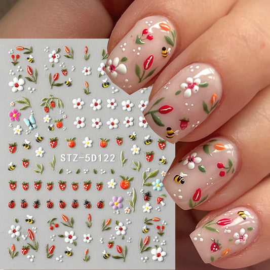 3D Kawaii Ladybug Nail Stickers - Embossed Daisy Flower DIY Decals for Spring, Wedding & Floral Nail Art