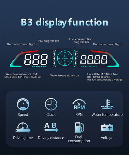 AD G3/B3 OBD2 GPS Head-Up Display – Smart Car HUD with Digital Speedometer, RPM, Water Temp, Clock & Security Alarm
