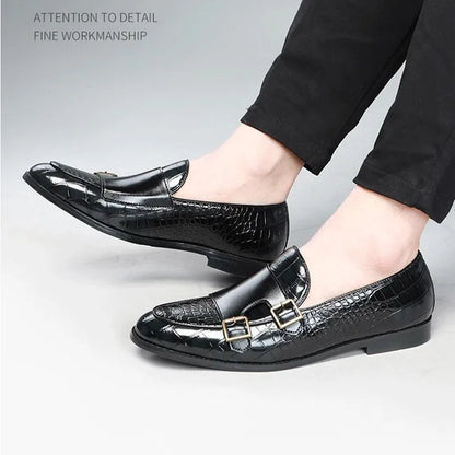 Men's Crocodile Grain Leather Loafers - Buckle Casual Wedding Party Moccasins & Comfortable Driving Flats