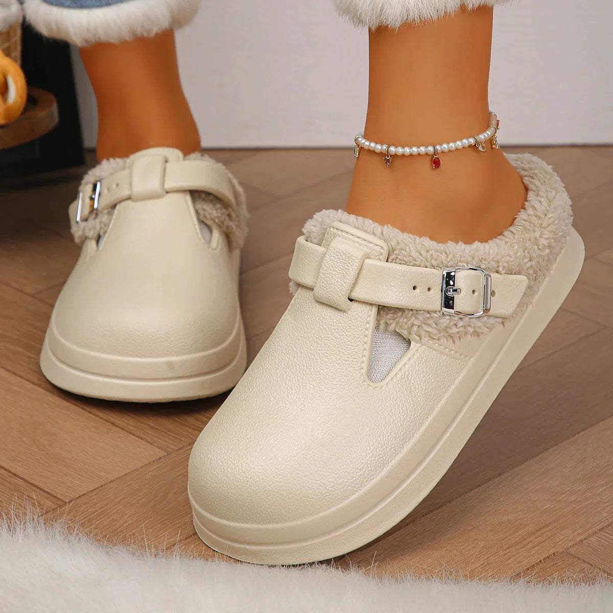 Women’s Winter Plush Mules Slippers - Waterproof EVA Furry Slides with Warm Lining, Metal Buckle & Non-Slip Sole