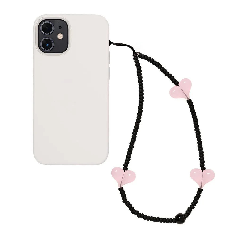 KPOP Black Matte Bead Phone Charm with Pink Heart – Style Phone Strap Lanyard Jewelry Accessory