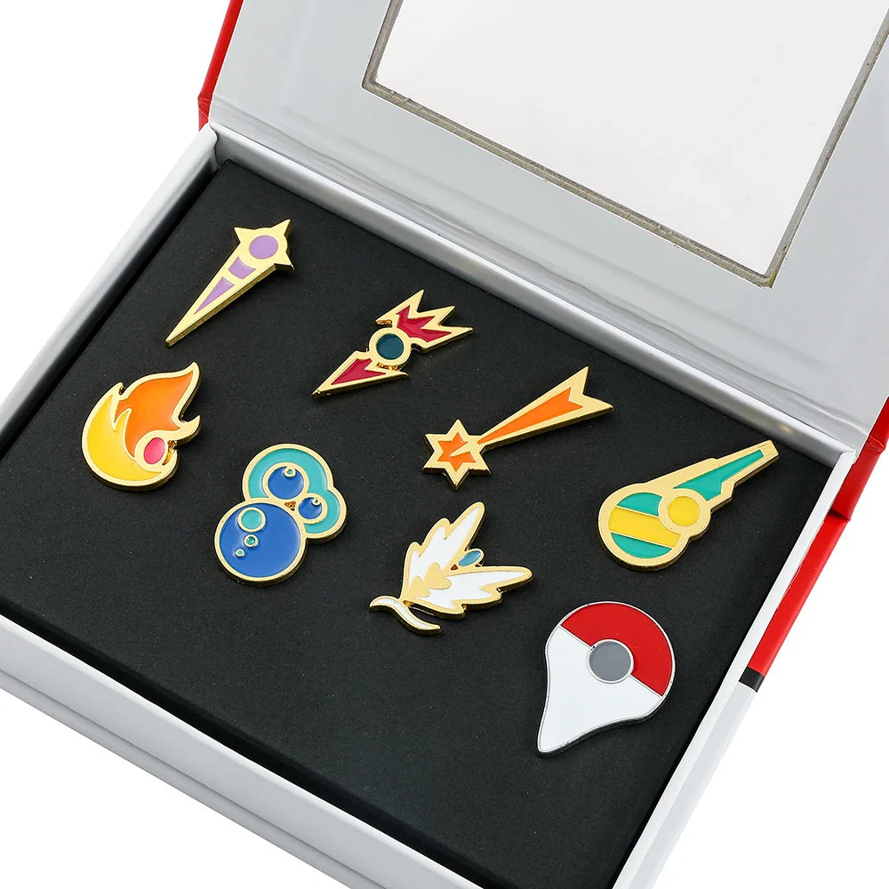 Pokemon Gym Badges Pin Set — Kanto, Johto, Hoenn, Sinnoh, Unova, Kalos & Orange Islands League Brooches with Box, Pocket Monster Collection
