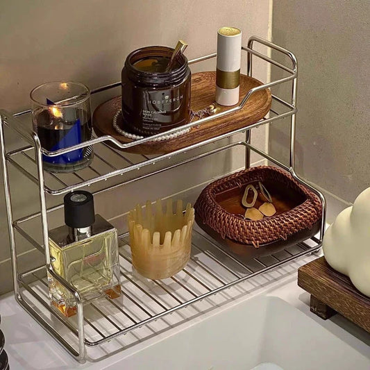 Double Layer Bathroom Sink Storage Rack - Minimalist Drainage Organizer for Cosmetics, Shower Gel & Toiletries