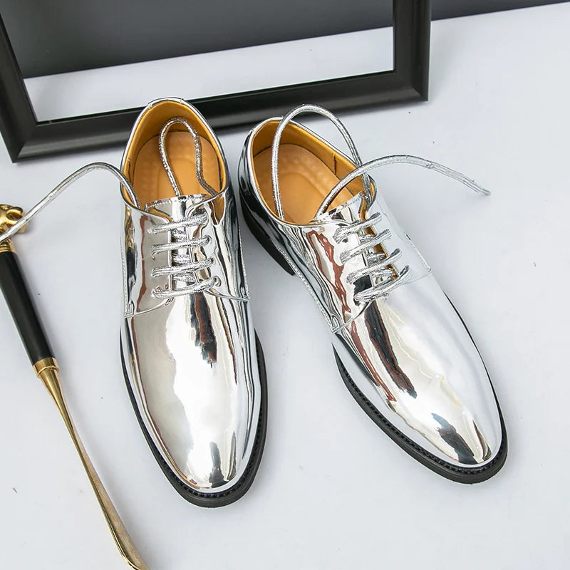 Men’s Luxury Silver Patent Leather Oxford Shoes - Pointed Toe Wedding & Party Dress Shoes 38-50