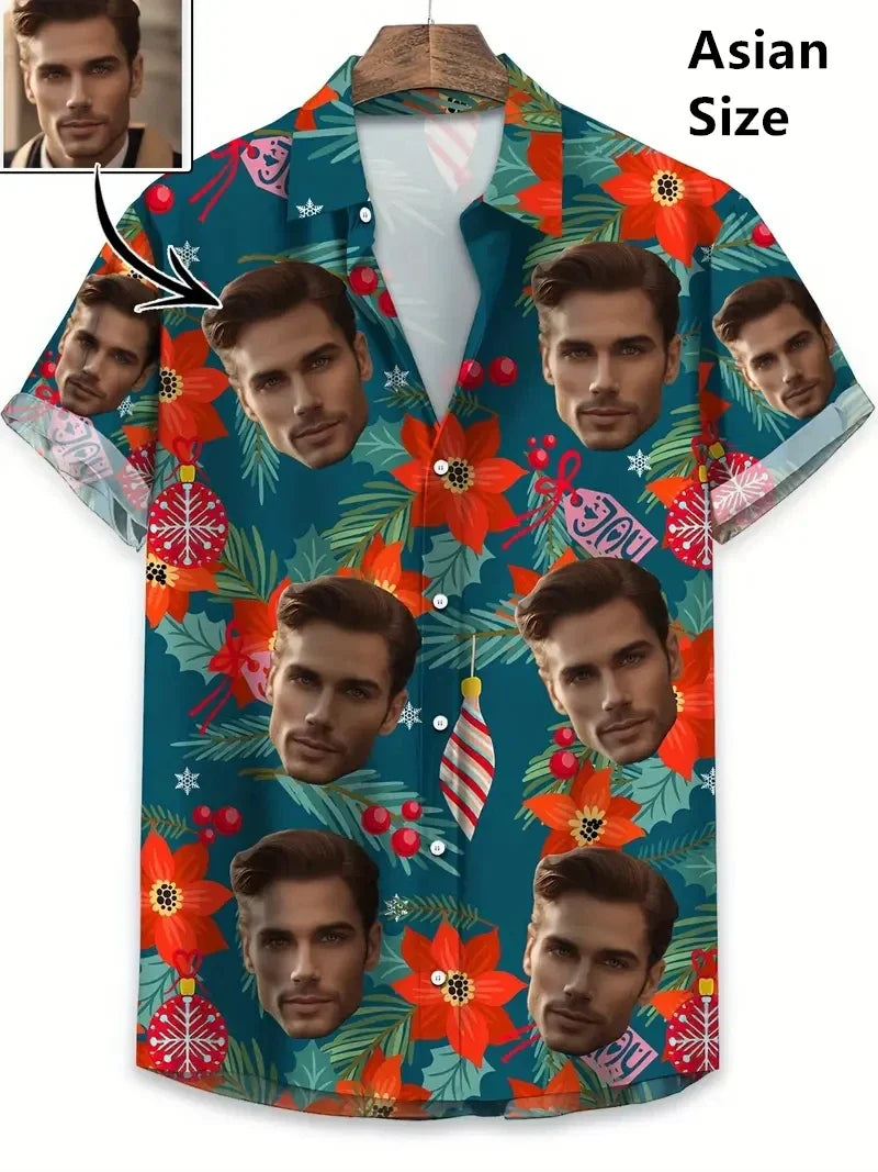 Men’s Custom Face Print Hawaiian Shirt - 3D Beer Design Vintage Y2K Short Sleeve Beach Top