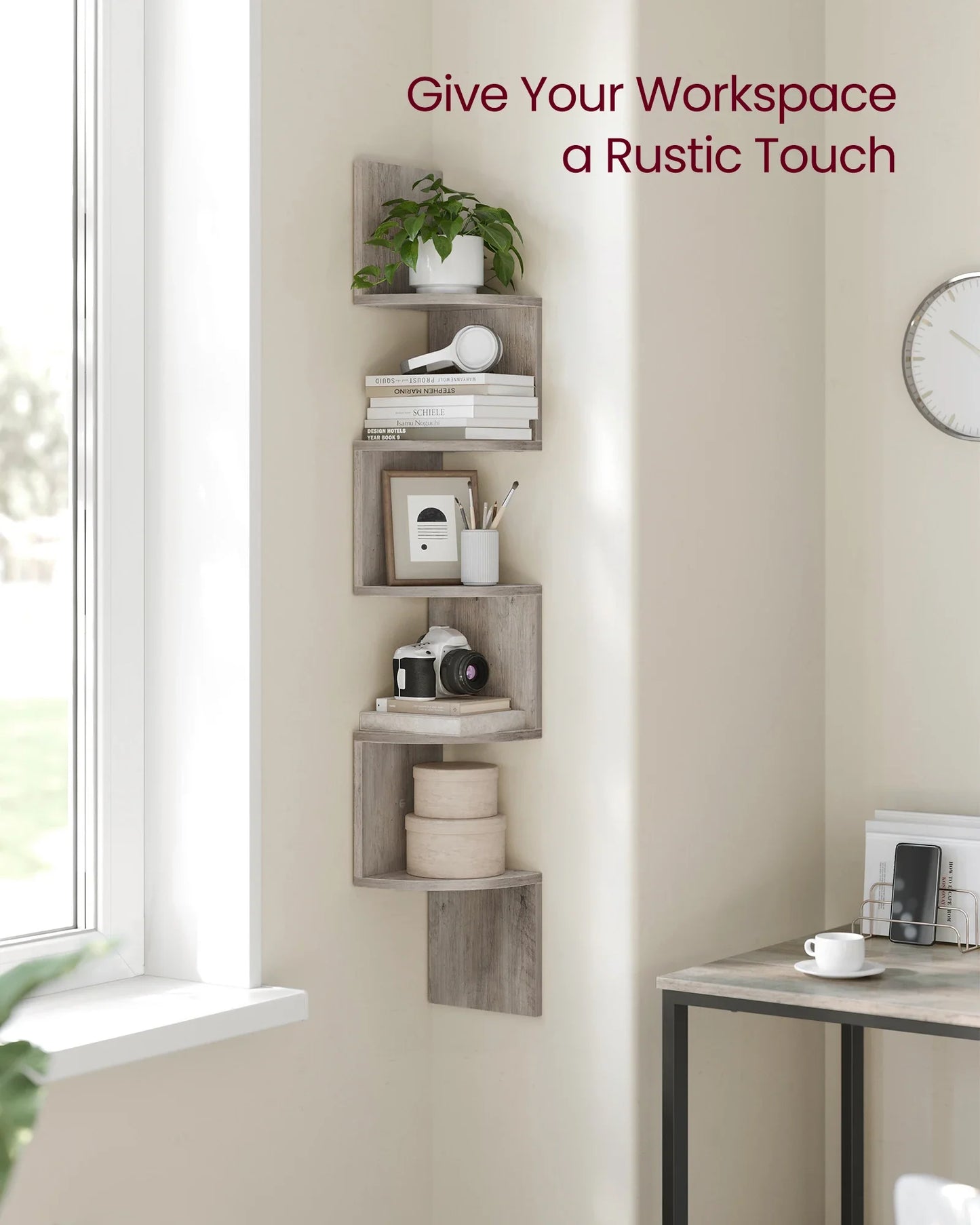 VASAGLE 5-Tier Corner Wall Shelf – Floating Bookshelf & Plant Display for Bedroom, Living Room, Bathroom, Home Office