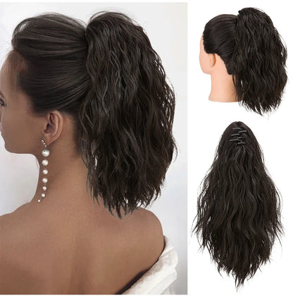 13-Inch Premium Synthetic Curly Claw Clip Ponytail – Blonde Brown Short Hairpiece, Fake Hair Extensions P064