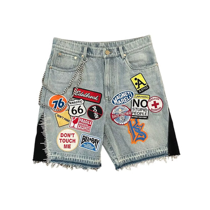 Streetwear Retro Patchwork Denim Shorts – Y2K Hip Hop Cartoon Graphic Loose Fit Jeans for Men & Women