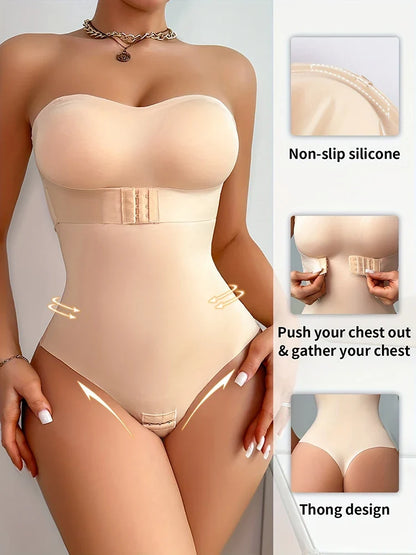 Women’s Strapless Thong Bodysuit - Full-Body Tummy Control Shaper with Removable Push-Up Bust, Up to 4XL