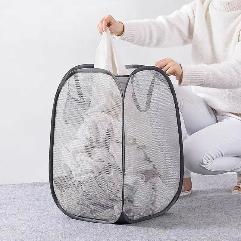 Mesh Pop-up Laundry Basket – Foldable Storage Basket for Dirty Clothes with Large Capacity