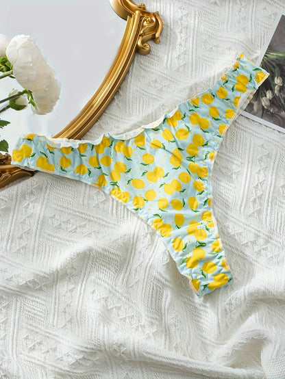 5Pcs Women’s Cotton Ruffle Thong Set - Mixed Fruit Pattern Wrinkled Comfortable Soft Underwear