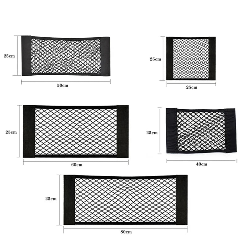Car Seat Back Organizer - Universal Trunk Net Mesh Pocket with Elastic Storage & Magic Sticker