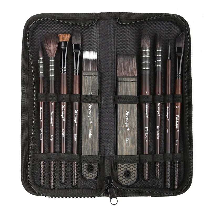 Dainayw 10-Piece Watercolor Brush Set – Organic Blue Squirrel & Horse Hair Mop Brushes for Acrylic, Watercolor, and Multi-Function Painting