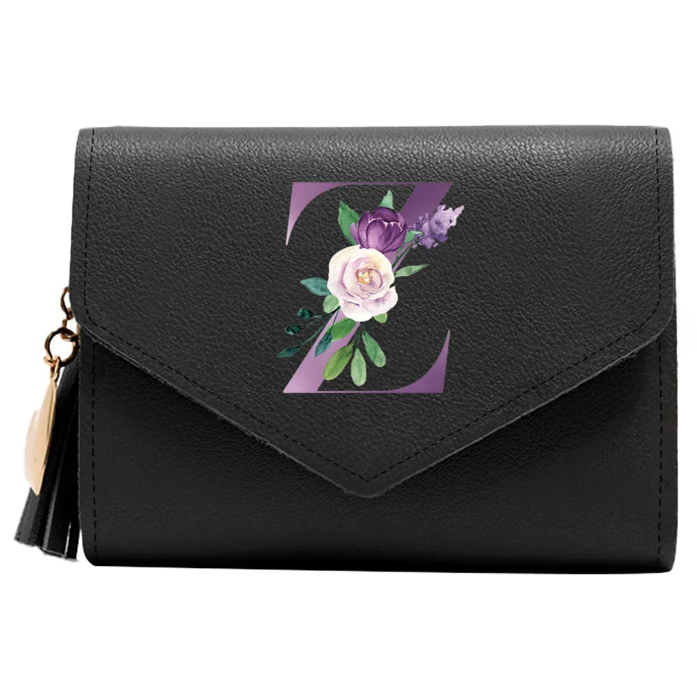 Women's RFID Leather Wallet - Compact Luxury Mini Purse With ID Window, Purple Letter Pattern & Card Holder Design
