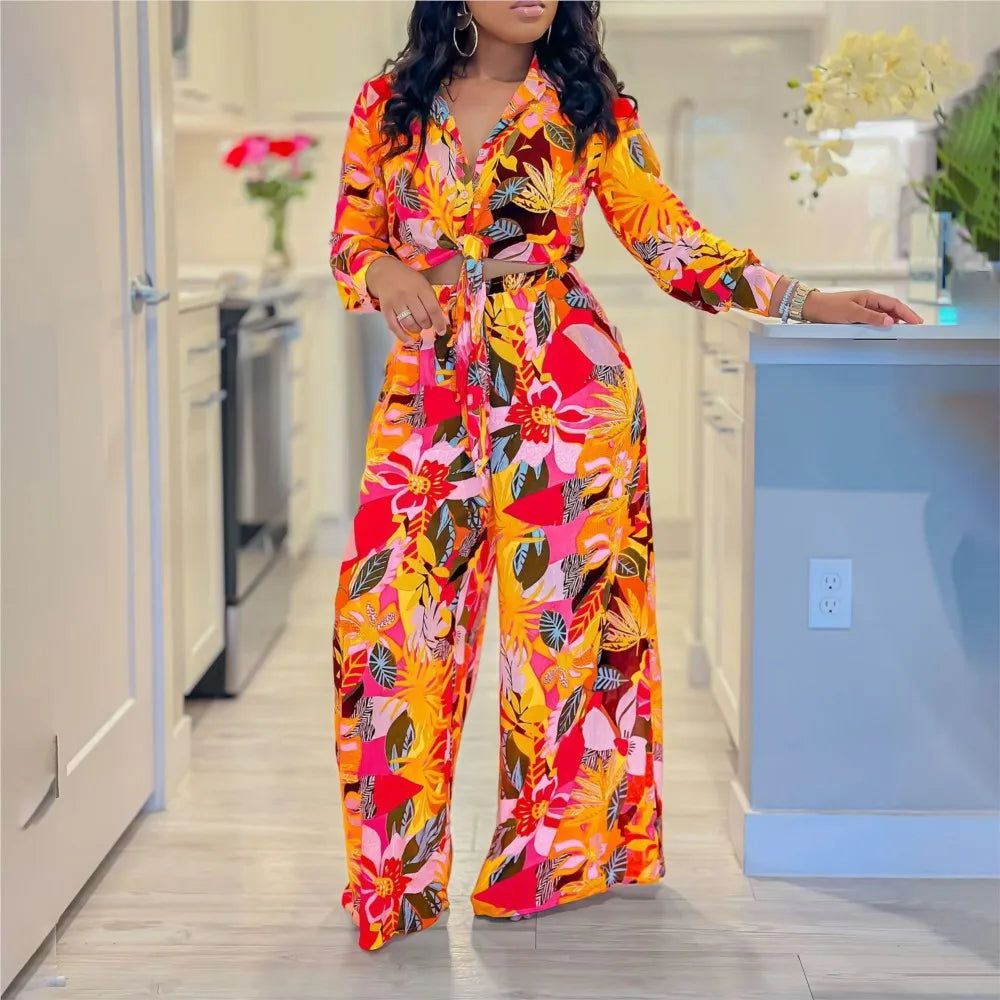 Women’s 2-Piece Spring/Autumn Set – Printed Long Sleeve Lace-Up Shirt & Slim Straight Pants