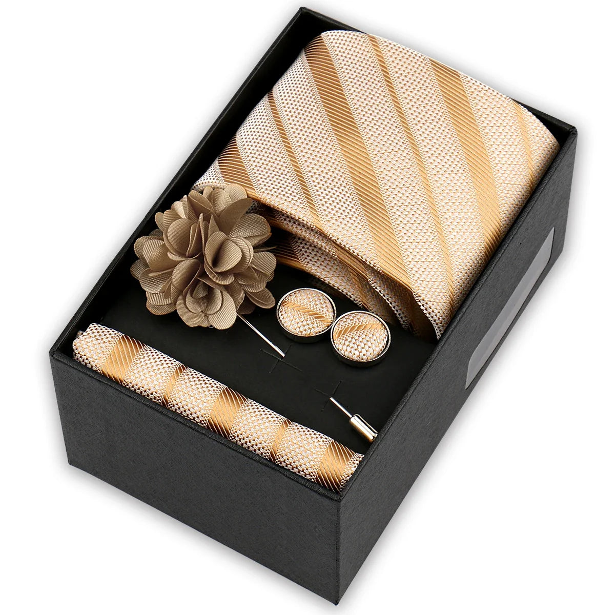 Men’s 4-Piece Tie Set Gift Box - Elegant Necktie with Handkerchief, Cufflinks & Brooch for Business, Wedding & Suit Accessories