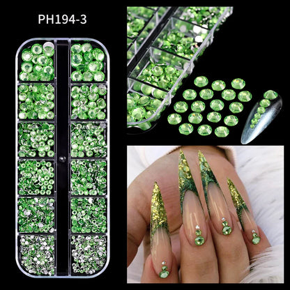 12-Grid Mixed Nail Rhinestones SS6-SS30 – Shiny Flat-Back Gems in Clear, Gold, Pink & Blue for Nail Art Decoration