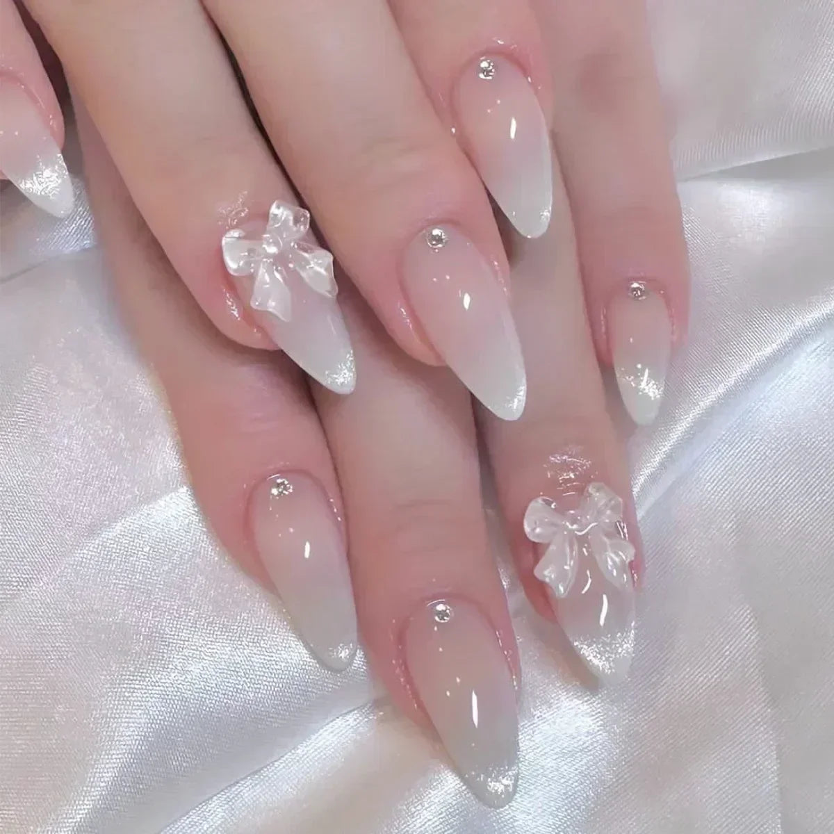 24PCS Pink Almond Press On Nails - Butterfly Ballet French Design Artificial Nail Tips for Stylish Nail Art