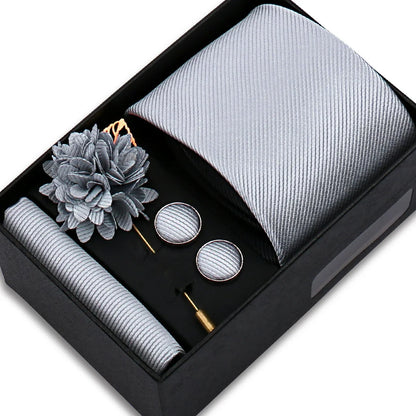 Men's Solid Color Tie Set - Jacquard Necktie, Hanky, Cufflinks & Brooch Gift Box for Weddings