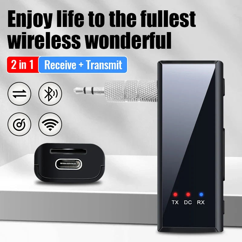 Bluetooth 5.4 Audio Transmitter Receiver – 3.5mm AUX Wireless Adapter with Mic & TF Card Support for Car, TV, PC