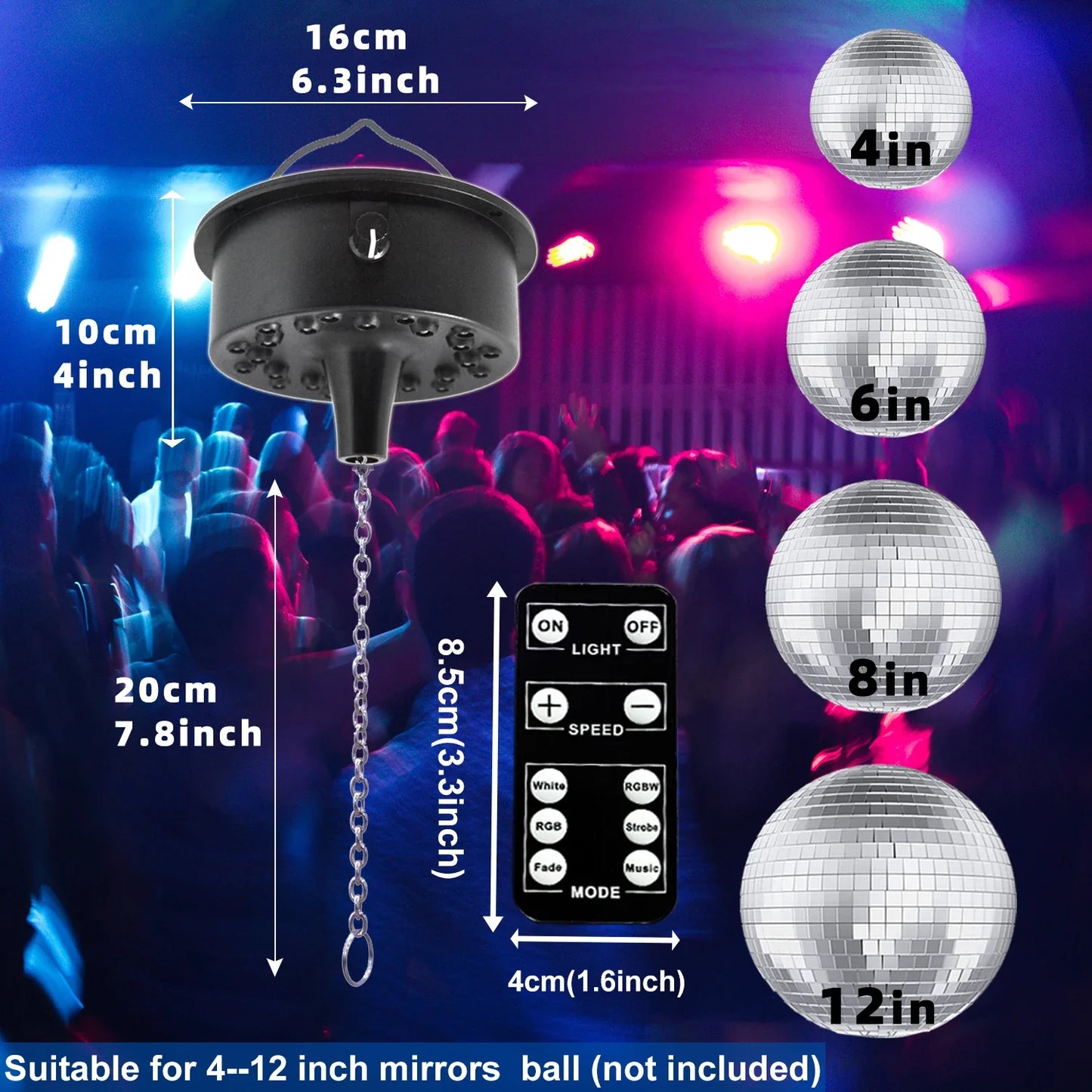 RGBW Disco Ball Motor with Remote - Adjustable 5-10RPM Mirror Ball Spinner with Multi-Mode LED Lighting