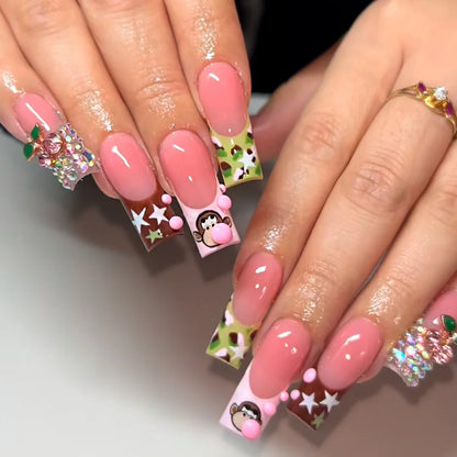 24PCS Y2K Sweet Stars Press-On Nails - Blue Brown Striped French Style Autumn Vintage Wave Point Fake Nail Set