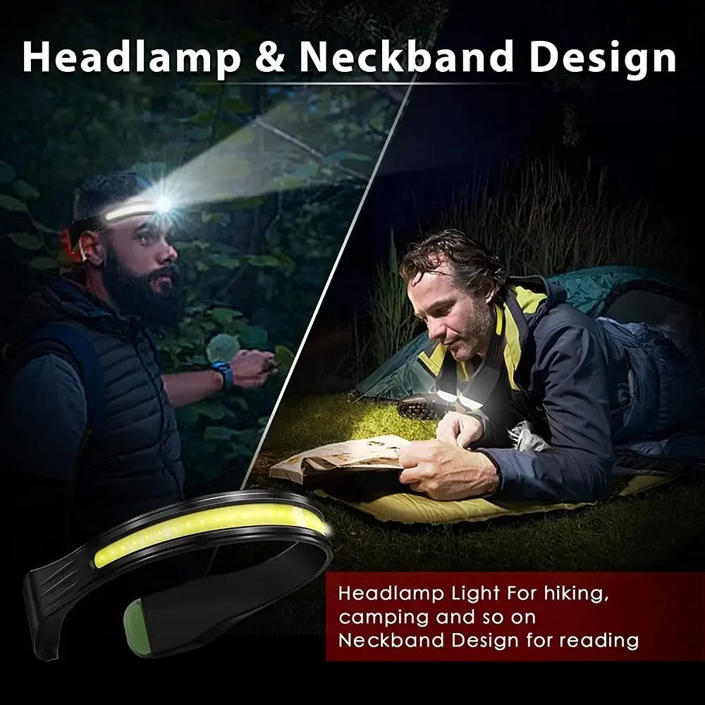 COB Rechargeable Headlight - 3 Lighting Modes Wide Angle Outdoor Running & Work Lamp with Red Tail Light