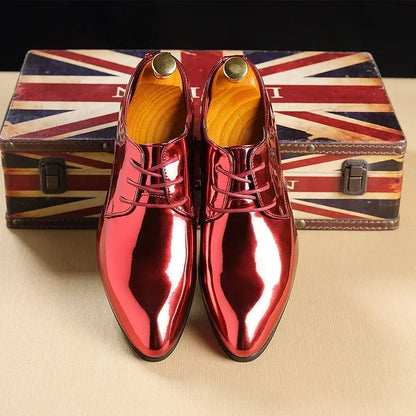 Fashion Patent Leather Men’s Wedding Oxfords - Designer Pointed Toe Dress Shoes Gold Blue Red White Sizes 37-48
