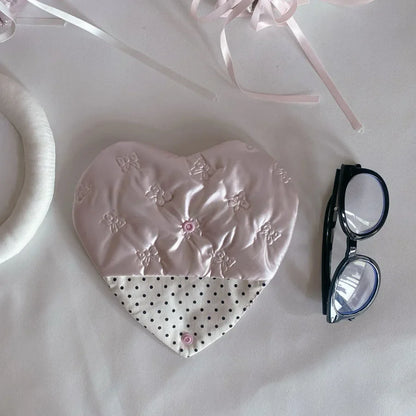 Pink Heart Bow Glasses Case - PU Leather Eyewear Storage Pouch with Embossed Pattern Design