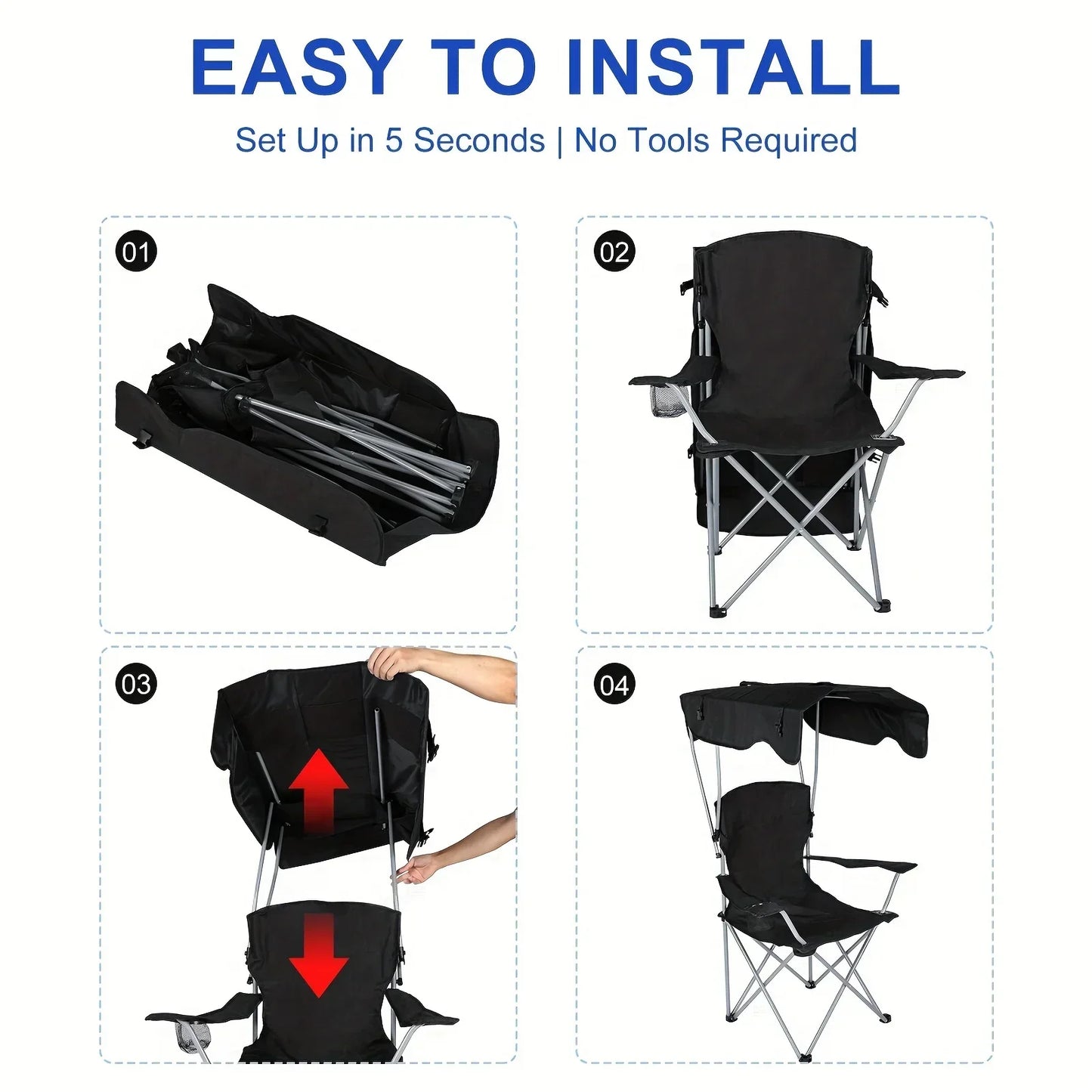 Canopy Lounge Chair with Sunshade – Portable Outdoor Camping & Hiking Chair with Holder, 1-Pack