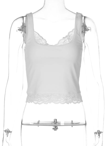 Hugcitar 2026 Square Neck Lace Strap Patchwork Crop Top – Sexy Slim Fit Women’s Summer Spring Streetwear Clubwear Blouse