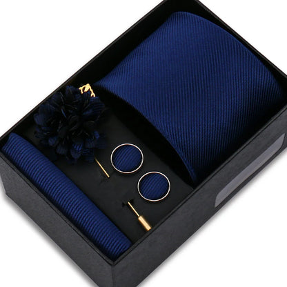 Men's Solid Color Tie Set - Jacquard Necktie, Hanky, Cufflinks & Brooch Gift Box for Weddings