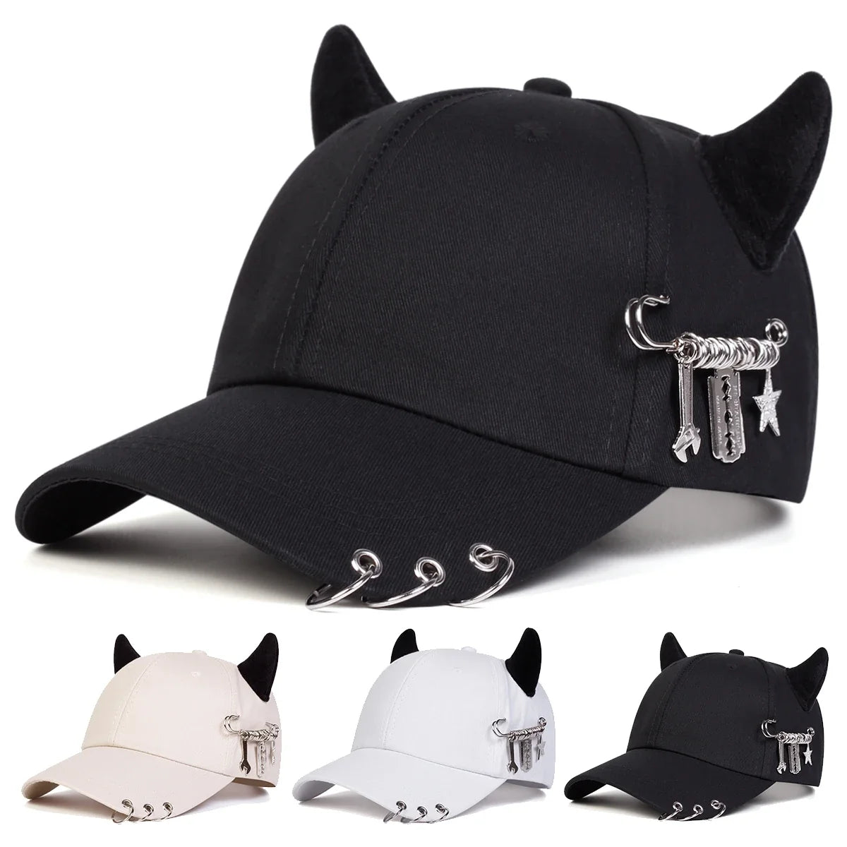 Unisex Cow Horn Baseball Cap - Personality Iron Ring Design, Adjustable Casual Outdoor Sun Hat for Spring & Autumn