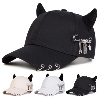 Unisex Cow Horn Baseball Cap - Personality Iron Ring Design, Adjustable Casual Outdoor Sun Hat for Spring & Autumn