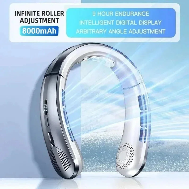 8000mAh USB Neck Fan - Portable Bladeless Rechargeable Cooling Fan with LED Display for Outdoor & Handheld Use